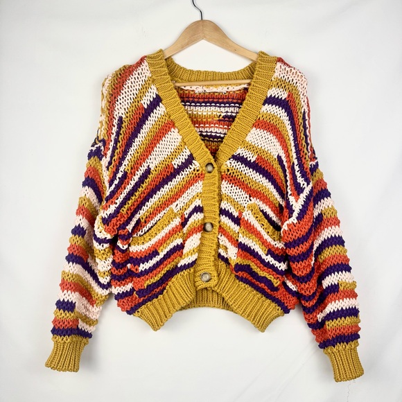 Zara Chunky Knit Colorful Striped Sweater Cardigan Button Front Size Large - Picture 4 of 10